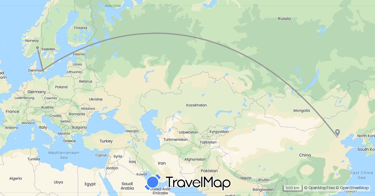 TravelMap itinerary: driving, plane in China, Denmark, Norway (Asia, Europe)